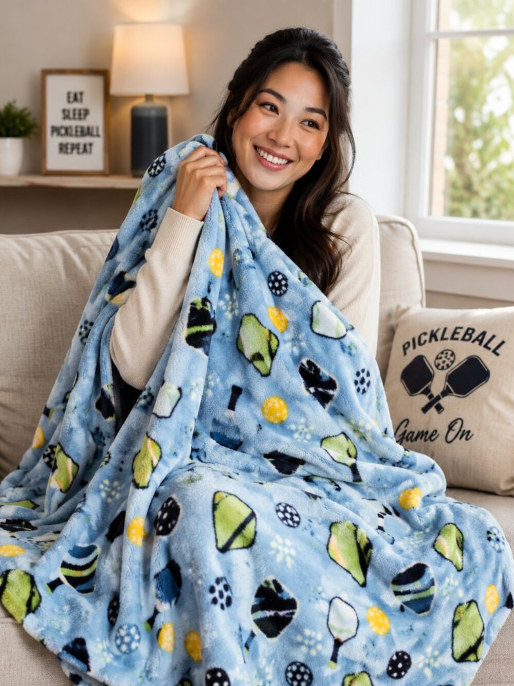 Pickleball Plush Throw Blanket 50" x 60" Super Soft Blue Pickleball Fleece